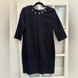 ZARA Dark Blue Denim Couture Shift Dress Floral Rhinestones Women’s Size Medium
